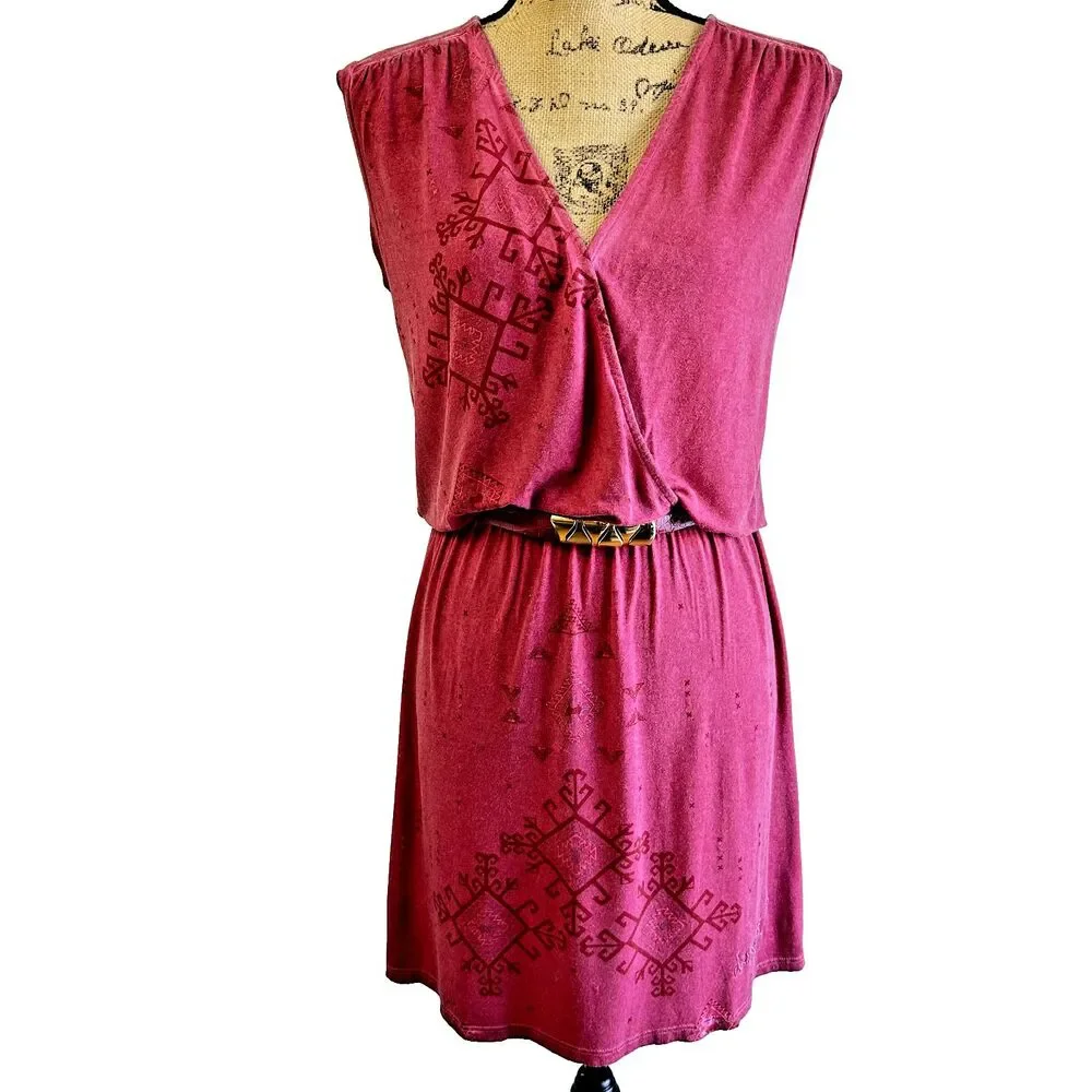 DESIGUAL Leticia Womens Belted Adjustable Plunge V-Neck Burgundy Mini Dress SZ S - Picture 1 of 12